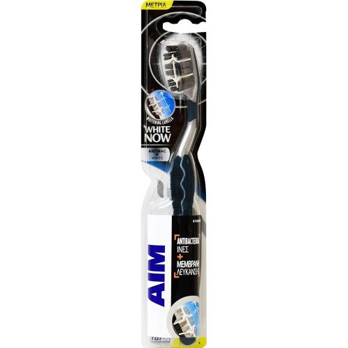 Aim White Now Antibac + White Medium Toothbrush Μέτρια Οδοντόβουρτσα για πιο Λεία, Λευκότερα Δόντια με Ίνες Κατά των Βακτηρίων 1 Τεμάχιο - Μαύρο